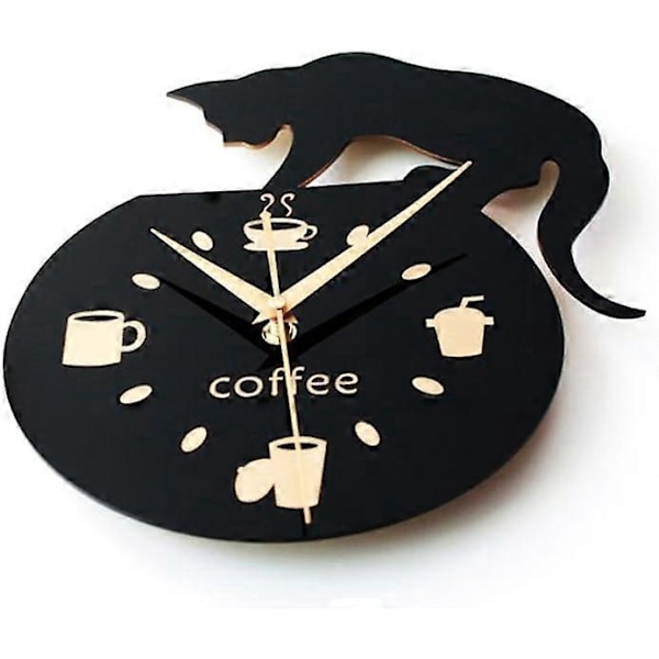 Väggklocka i tecknad stil med klättrande katt, kaffemugg och \"Coffee\" text