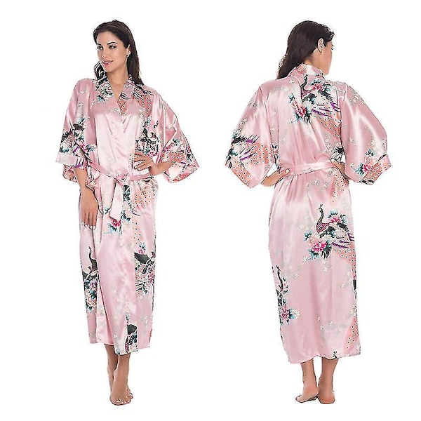 Luksuriøs silkesateng kimono-morgenkåpe - Lang badekåpe for kvinner til nattøy og sovetøy 2XL rosa