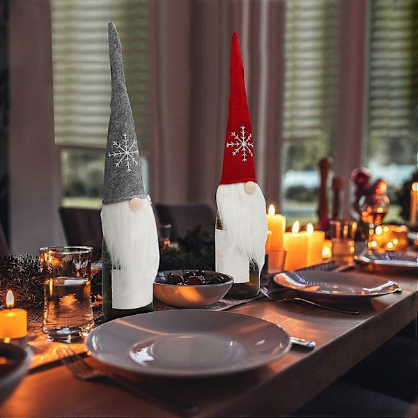Juleflaskeovertræk (3 stk.) - Skandinavisk Julenisse (42 x 19 cm) Håndlavet Flaskedekoration til Vin Champagne Julefrokost Borddekoration