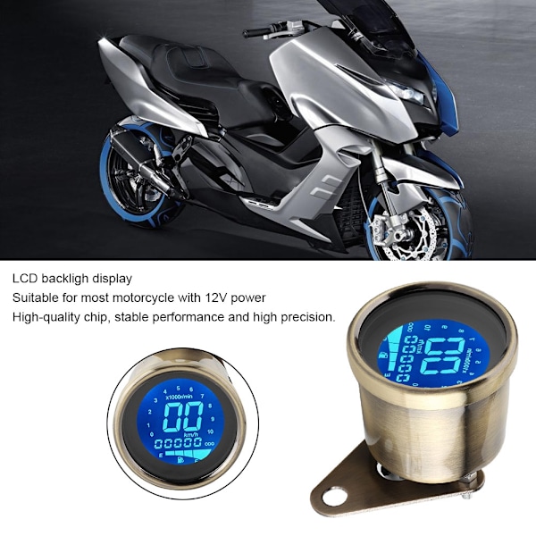 Universal Motorcycle LCD-bakgrundsbelyst hastighetsmätare Odometer Tachometer Meter Gauge (gul koppar)