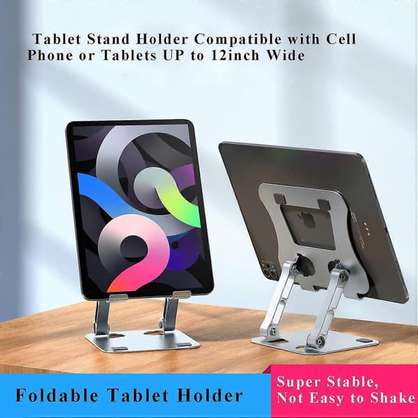 Tablet Holder Aluminum, Dual Rod Support Adjustable Foldable Tablet Stand Holder for Desk Compatible with Mobile Phone or Tablet