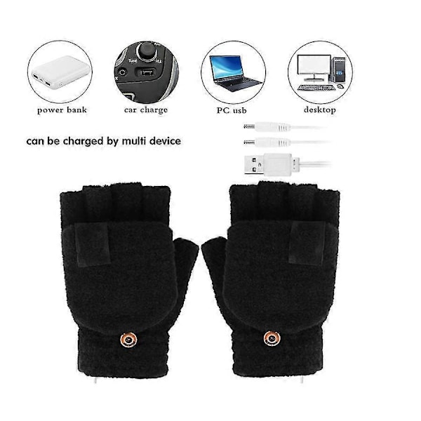 USB Opvarmede Handsker Dame & Herre Vinter Varme Fuld & Halv Handsker 3 Varme Niveauer Strikkede Handsker Håndvarmer 2 stk - Sort