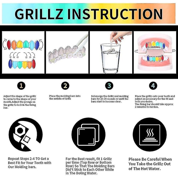 Rainbow Grills 14k Guldpläterade Hiphop Färgglada Regnbåge Vampyrtänder Grills + extra 2 Formningsstavar