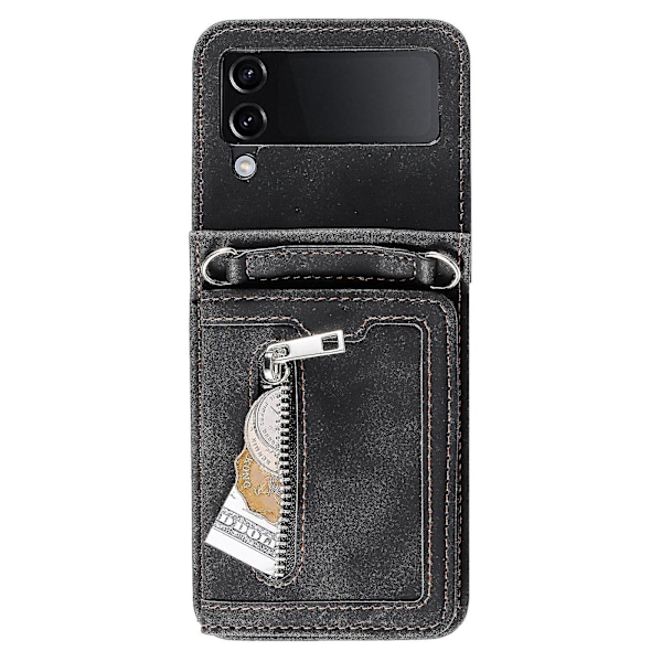 Til Samsung Galaxy Z Flip4 5g Etui Kortholder Pu Læder Støtteben Telefon Cover Med Håndrem-B6 Sort