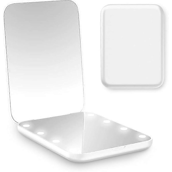 Kompakt Speil, Bærbart Sminkespeil 23 cm x 18 cm x 3,8 cm med 8 LED-lys, hvit