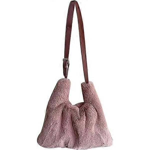 Mjuk Plysch Axelväska Fluffig Tygväska Fuskpäls Crossbody Väska Justerbar Axelrem Rosa