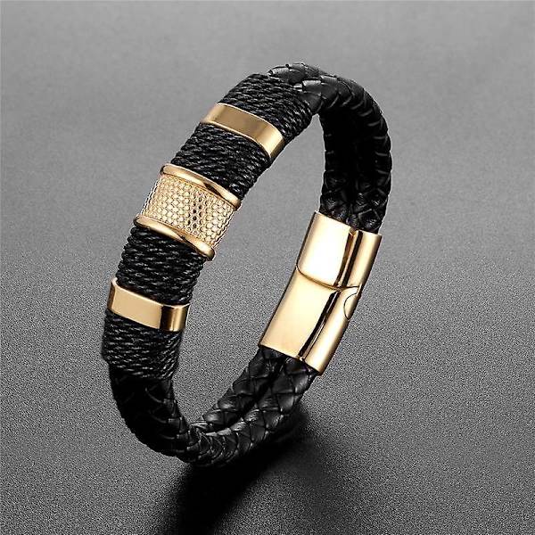 Svart läderarmband för män med magnetisk spänne i guldpläterat rostfritt stål