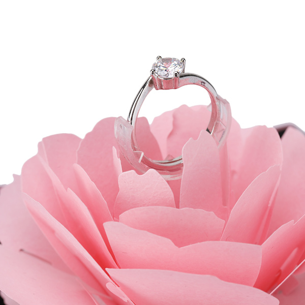 3D Ros Pop-up Ringask Bröllopsförlovningssmyckesförvaringsställ Ringhållare (Rosa)