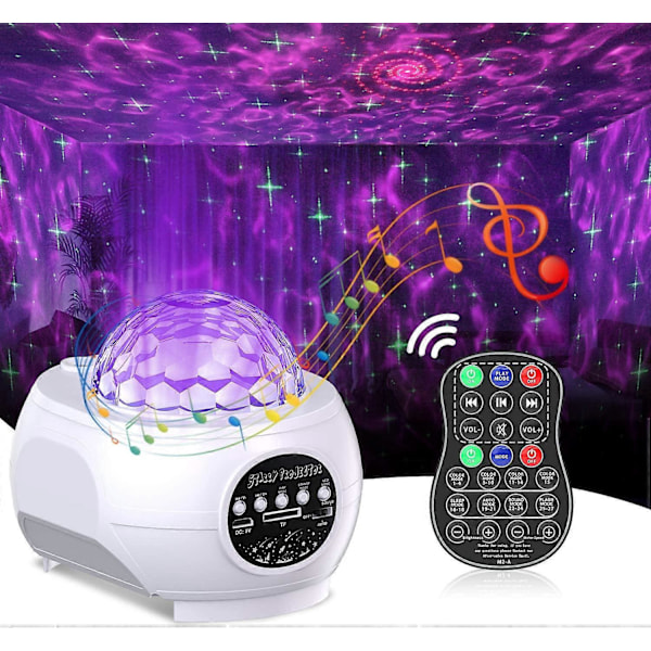 Stjernehimmelprojektor med LED Nebula, 3 i 1 Musikalsk og Lysende Børnenatlampe med Integreret Bluetooth-højttaler & Fjernbetjening, Hvid