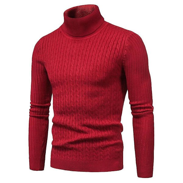 Slank Passform Menn Høy Hals Strikket Genser Pullover XL - Rød