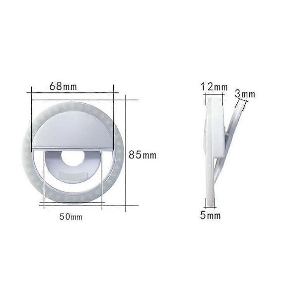 Clip-on Selfie Ring Light [Genopladeligt Batteri] med 36 LED til Smartphone Kamera Rund Form, Hvid