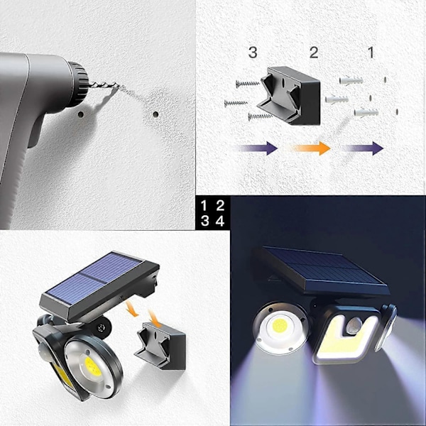 83 COB LED Utomhus Solcellslampor för Trädgård med 3 Lägen, Vattentäta IP65 Utomhuslampor med Rörelsesensor 270° Bred Vinkel Solcellsdrivna Utomhusspotlights 2-pack