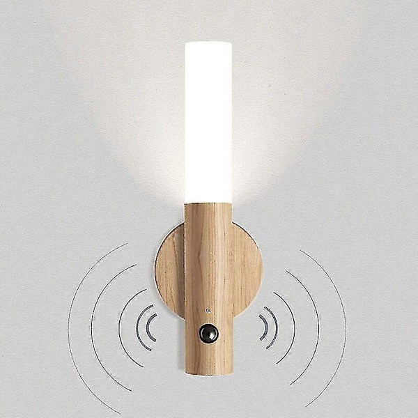 Vintage Vägglampa i Trä - LED Vägglampa med Rörelsedetektor och USB Uppladdningsbart Batteri