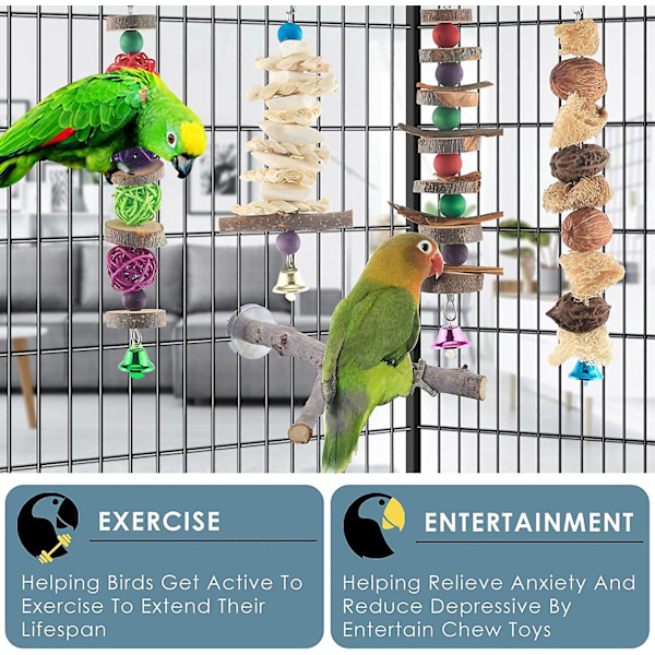 Luonnonpuusta valmistetut linnun pureskelulelut 5 kpl, papukaija riippuva häkin pöytä pienille linnuille, conure, cockatiel, rakkolintu, budgie