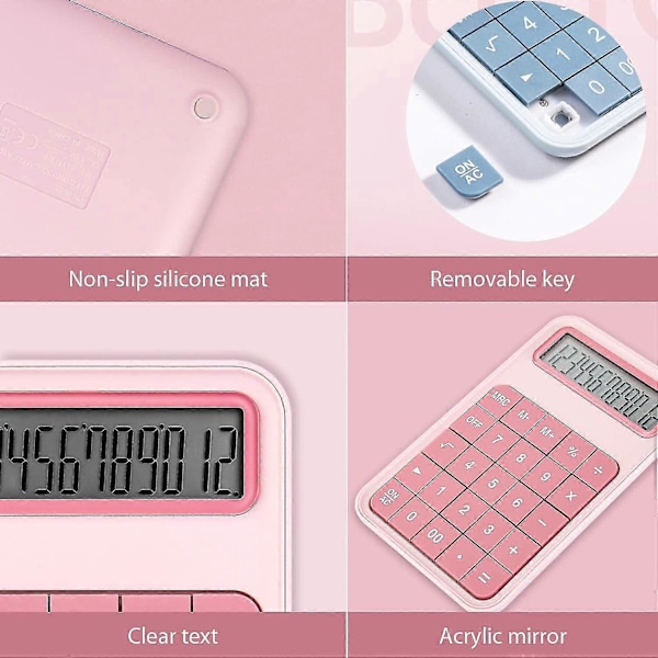 Bordregner, 12-cifret stort display batteri LCD-display kontorregner - Pink