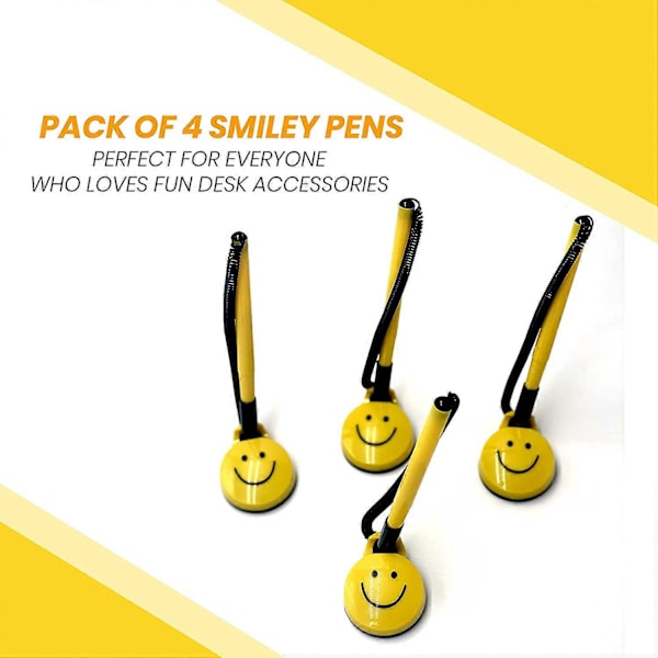 4 Sikre Skrankepenner med Plastiksikkerhedswire Fastgjort til Selvklæbende Penneholder med Smiley-design