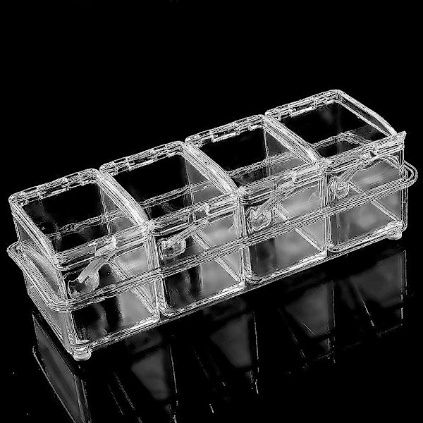 4 Dele Krydderiæske Sæt Transparent Salt Krydderiglas, Krydderiglas Køkken Krydderi Opbevaringsglas Beholdere med 4 Skeer Konserveret Låg