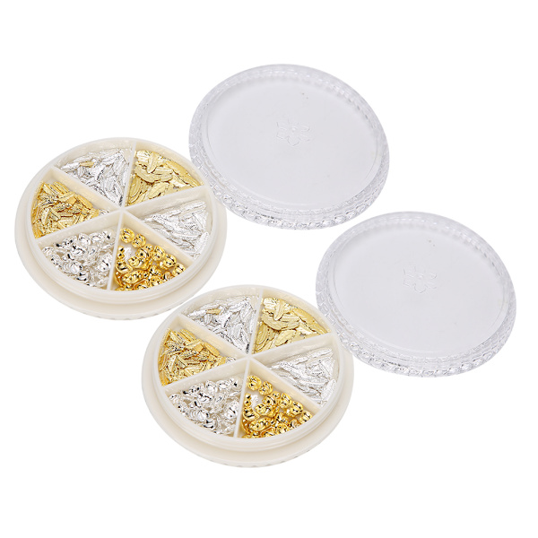 2 lådor snygg nagelkonstdekoration DIY metall glänsande nageldekorationer DIY manikyrverktyg guld silver måne + blad
