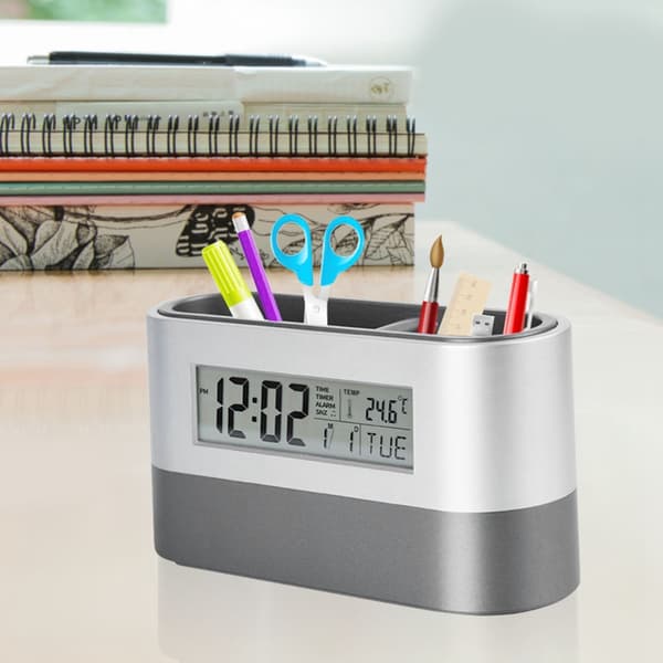 Innovativ pennhållare LCD digital elektronisk klocka med evighetskalender temperaturdisplay