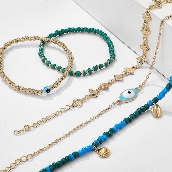 Simsly 5 Stk. Boho Ankelkæder Sæt Strand Perler Ankelkæder Legering Skal Ankelkæder Ris Perler Ankel Ondt øje p
