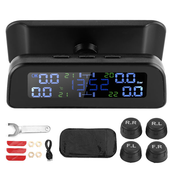 TPMS Däcktrycksövervakningssystem Solenergi och USB-laddning med 4 externa sensorer