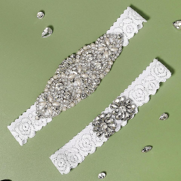 Bryllupsstrømpebånd med perler og strass - Elegant undertøygave til bruden. Sexy paljett- og blonderem - 2-delt sett.