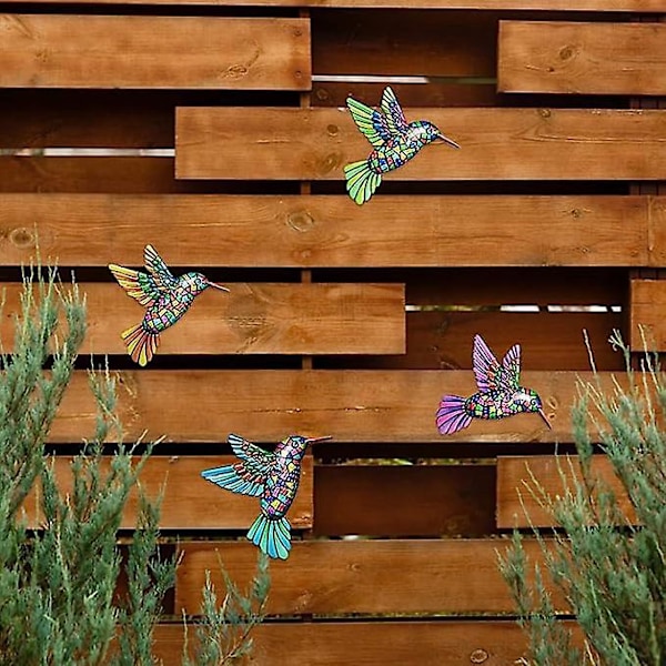 4 stk. Metal Kolibrier Vægkunst Dekor Farverige Kolibri Vægskulpturer Smedejern Væghængende Ornamenter til Have, Terrasse, Veranda, Altan, Li