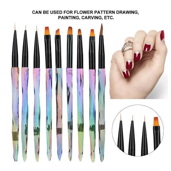 9 stk. Gradient Håndtag Bærbar Neglekunst Pensel DIY Blomstermønster Neglemaling Tegnepen 9 stk.