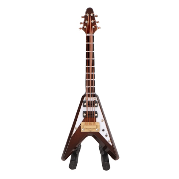Miniatyr elektrisk gitarmodell av tre med stativ og etui Kaffe Minimusikkinstrumentmodell Dekor 10cm
