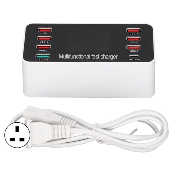 60W Multi USB-lader 8-ports skrivebordsladestasjon med hurtiglading 3.0 USB-port Type C-port og LCD-skjerm 100-240V UK-plugg