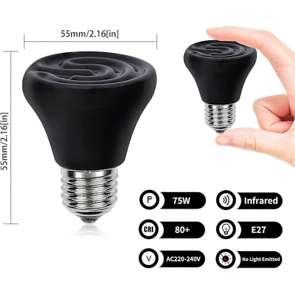 E27 Varmepære 75W Keramisk Varme Lampe til Kæledyr 220-240V Infrarød Varmelampe E27 Reptilpære Akvarium, Pærer til Kæledyrshabitat (2 stk)
