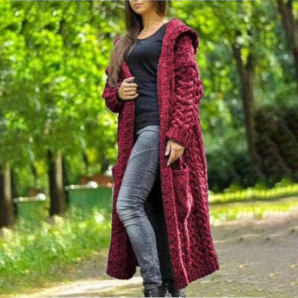 Strikkede Lang Cardigan Sweater med Hætte til Kvinder