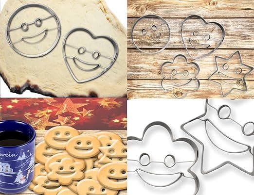 Kakeformsett med 4 deler - For morsom baking - Emoji, Smiley, Hjerte og Stjerneformer - Rustfritt stål