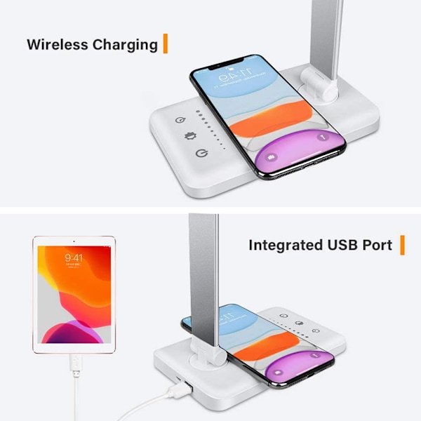 LED trådløs skrivebordslampe USB-lading 5 lysmoduser trinnløs dimming vinkeljusterbar øyepleielampe for arbeid hjemmekontoret