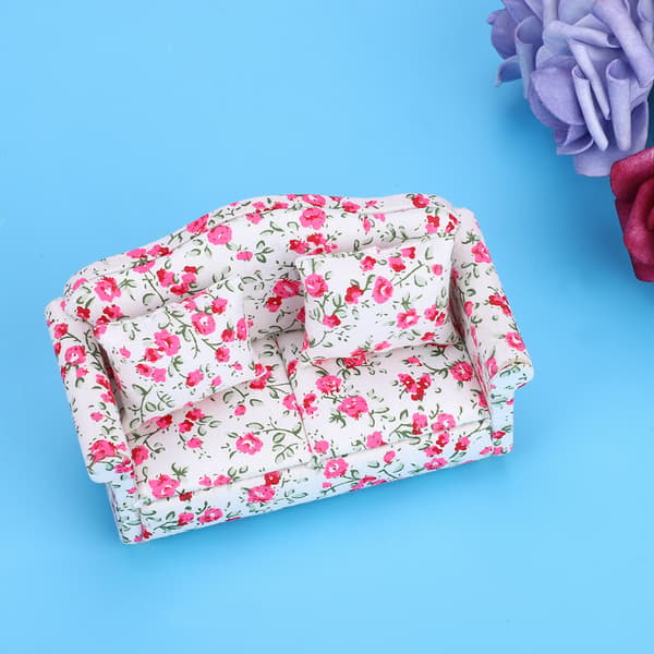 Dukkehus Tilbehør Blomstermønster Mini Møbler Dobbelt Sofa til 1/12 Skala Dukke (#2)