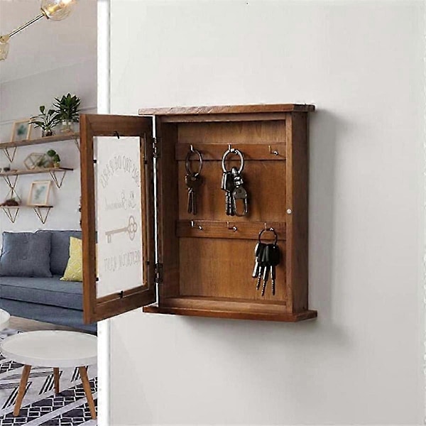 Puinen avainkaappi, retro, seinälle, avainkaappi magneettiovella, kestävä massiivipuinen säilytystila 6 koukulla