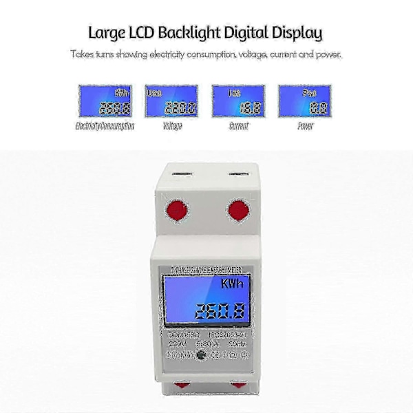 Enkeltfaset Din-skinne Energimåler 5-80a 220v 50hz Elektronisk Kwh Måler Med LCD Baggrundslys Digital Display Ddm15sd