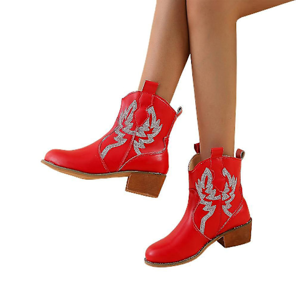 Stylish Women's Wide Width Mid Heel Cowboy Ankle Boots40 Red