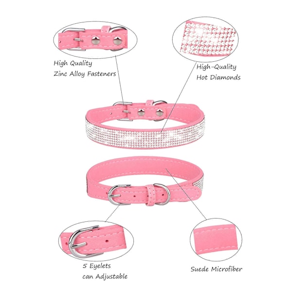 Justerbart Hundehalsbånd i Lær og Semsket Skinn med Bling, Hundehalsbånd for Små Hunder, Rosa Hundehalsbånd Kattehalsbånd, Rhinestone Hundehalsbånd -GSLA b4 37x1.5CM
