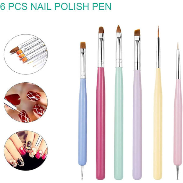 6-delad nagelborste set, akryl nagelborste, dubbelsidig nagelstylingpenna för UV-gel och akrylnaglar