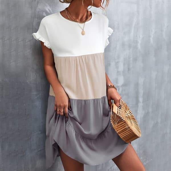 Klassisk kjole med farvekontrast og patchwork - Flæsekanter, maskinvaskbar (Sommer Khaki, L)