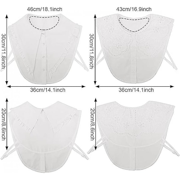 Sett med 2 avtakbare falske krager for kvinner - Halv Chemisette skjortekrage Peter Pan avtakbart kragetilbehør for jenter og kvinner