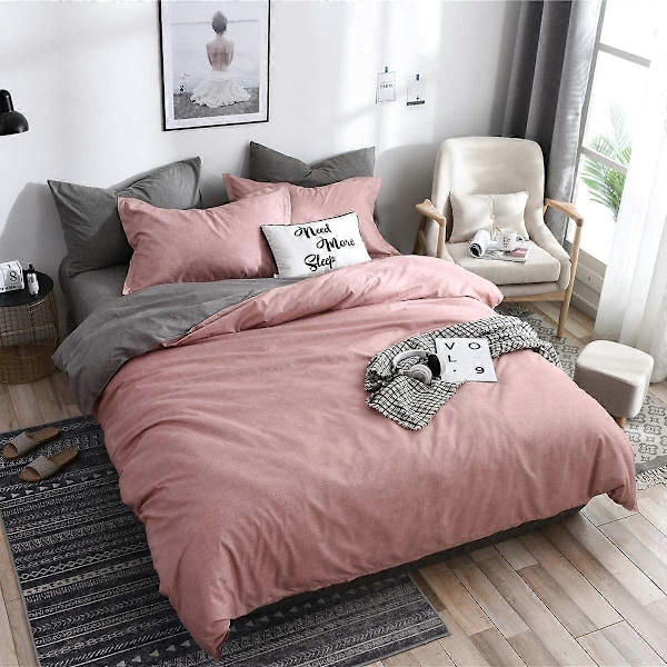 Dynetrekk Dobbeltsengsett, 4 Deler Mikrofiber Ensfarget Rutete Sengsett med 2 Putetrekk og 1 Laken (220x240cm, Rosa)