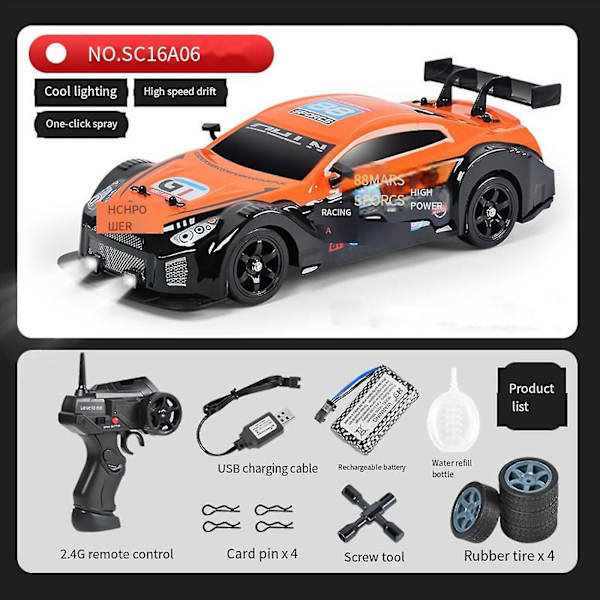 High Speed ​​1:16 RC Drift Car med fjernbetjening - 4WD, 18 km/t, LED-lys, gummidæk - Perfekt racersportslegetøjsbil til voksne