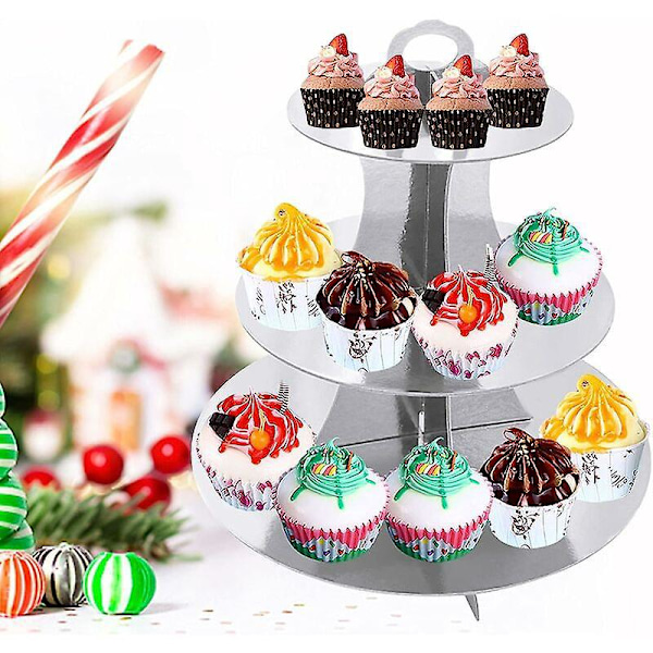 2 st Födelsedagsmuffinsställ, 3-vånings tårtställ i kartong, eftermiddagste dessertfrukthållare tårtvisningstorn, bröllopsfestservering (Silver)