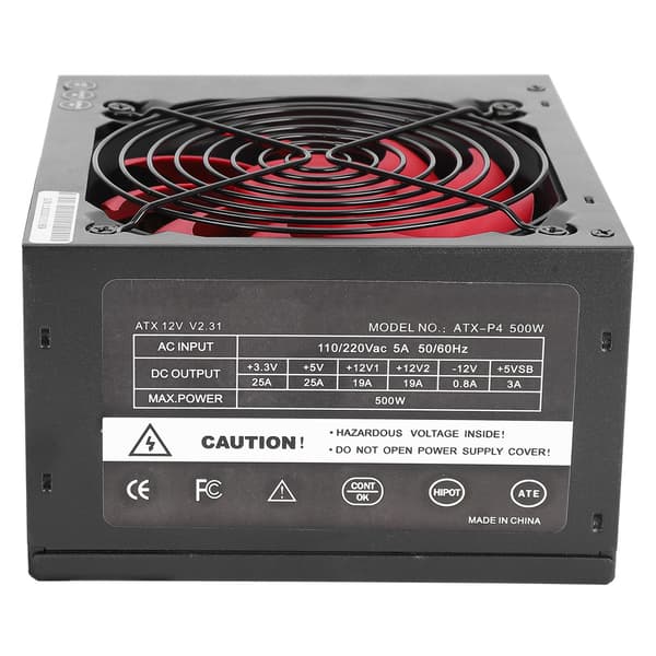 Computerstrømforsyning til stationær rød lydløs blæser ATX 24-PIN nominel 500W justerbar 115/230V