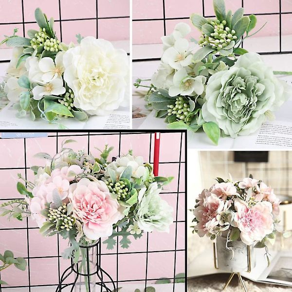 3-delt kunstig Peony Camellia-blomstrende plante for DIY retro-dekorasjon i hjemmet, kontoret, hage, fest, bryllup - hvit, rosa, grønn