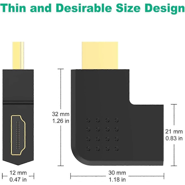 2-pack Platt HDMI-adapter, 90 graders vinklad vertikal platt HDMI-adapter hane till hona vänster och höger vinklad