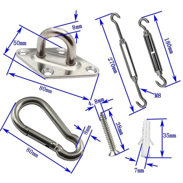 304 Rostfritt stål Sail Hardware Kit - Komplett set för triangulära och fyrkantiga solskydd