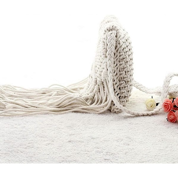 Veske med frynser og dusker, stråvevd, håndlaget Boho strandveske for kvinner